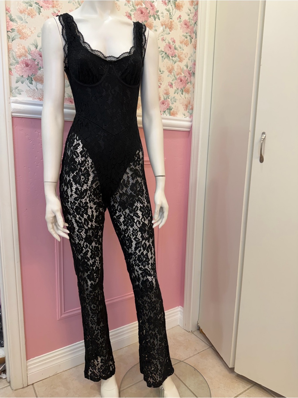 PrettyLittleThing Black Lace Sheer Jumpsuit Romper